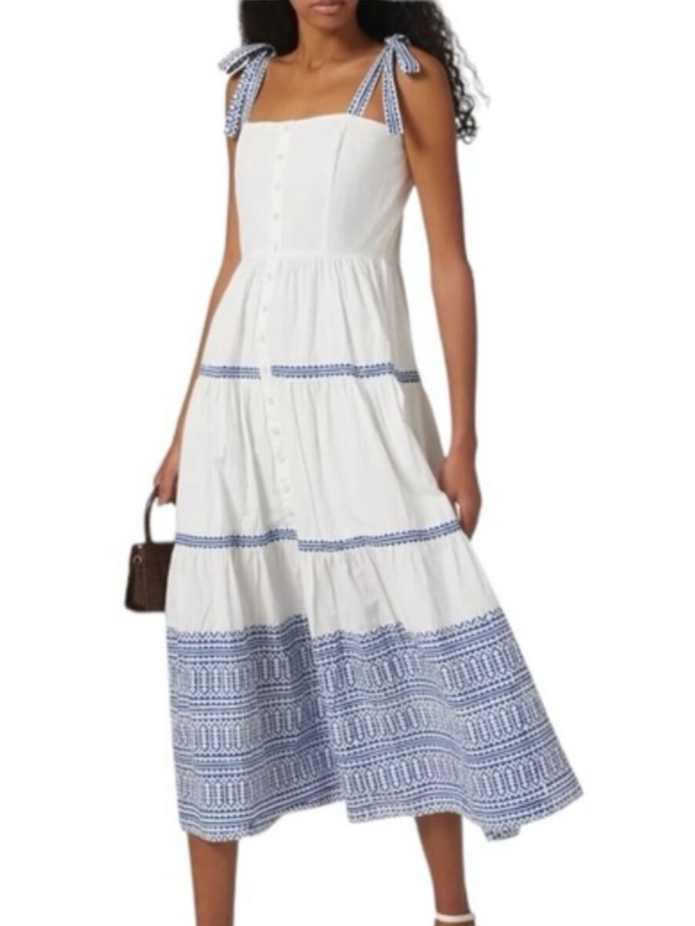 Oliphant White Cotton Maxi Dress with Navy Embroidery